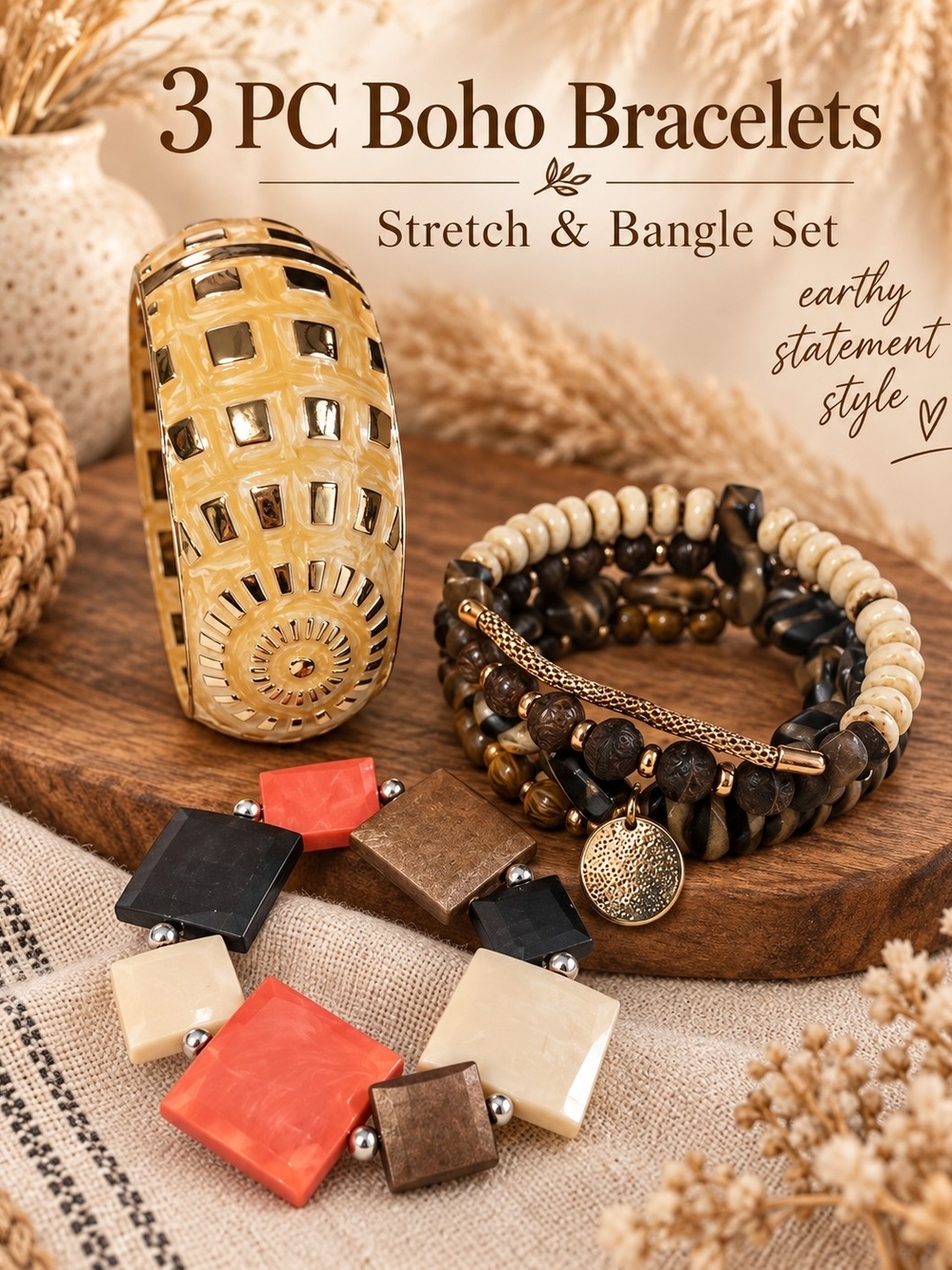 3-Piece Boho Bracelet Set - Yellow, Brown & Coral Accents